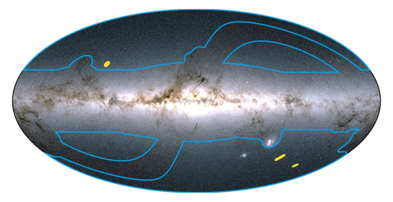 Emplacement des champs sur le ciel qui seront couverts par les relevés large (bleu) et profond (jaune) d'Euclide. Le ciel est représenté dans le système de coordonnées galactiques, la bande horizontale brillante correspondant au plan de notre galaxie.