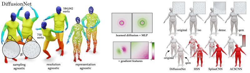 Sa méthode récente, DiffusionNet, fondée sur la diffusion basée sur l'apprentissage profond est précise, robuste sous les changements d'échantillonnage et indépendante de la représentation.