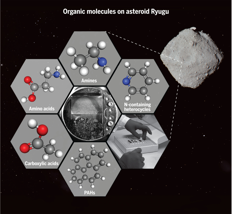 Un large éventail de molécules organiques, dont des acides aminés essentiels à la vie, trouvé dans l'échantillon collecté à la surface de l'astéroïde Ryugu.
