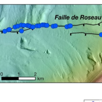 Carte de la faille de Roseau montrant la position des différents modèles de terrain tridimensionnels issus de la mission SUBSAINTES. ©CNRS