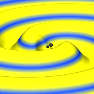 Simulation d'ondes gravitationnelles en spirale jaune et bleue
